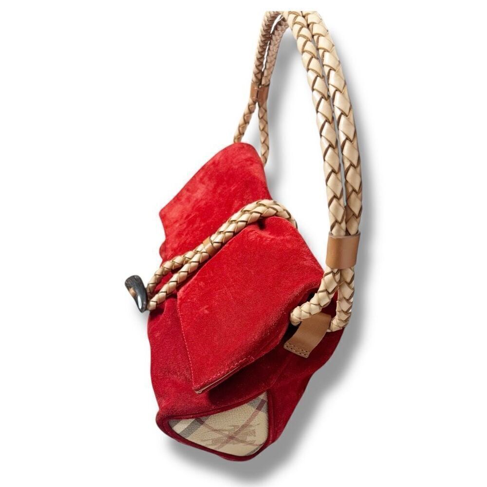 BURBERRY Suede Haymarket Check Horn Toggle Braided Leather Shoulder Bag Red - Picture 3 of 14